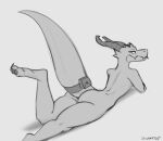  accessory ambiguous_gender anthro anus bag biped butt furgonomics hi_res kobold looking_back monochrome rear_view scalie schmutzo solo tail tail_accessory tail_bag 