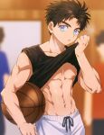  1boy :o abs aged_down ball bare_pectorals basketball_(object) black_hair blue_eyes clothes_pull domo_(domo_kizusuki) drying drying_body highres holding indoors kokado_shido_(domo) looking_to_the_side male_focus muscular muscular_male navel nipples open_mouth original pants pectorals pulled_by_self shirt_pull short_hair sideburns solo sweat thick_eyebrows toned toned_male track_pants upper_body white_pants 
