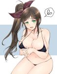  1girl bare_shoulders bikini black_bikini blue_background blush breasts brown_hair cleavage collarbone floral_print green_eyes groin hair_ribbon kinako_(mzknk0) large_breasts long_hair looking_at_viewer micro_bikini murakumo_(senran_kagura) navel nervous open_mouth own_hands_together purple_ribbon ribbon senran_kagura senran_kagura_shinovi_versus shiny_skin side_ponytail sidelocks sitting skindentation solo spoken_sweatdrop sweatdrop swimsuit tongue two-tone_background white_background 