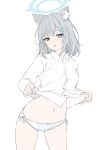  1girl :o animal_ear_fluff animal_ears blue_archive blue_eyes blue_halo blush breasts bright_pupils clothes_lift collared_shirt grey_hair halo highres lifted_by_self masabodo medium_breasts mismatched_pupils navel panties shiroko_(blue_archive) shirt shirt_lift short_hair simple_background solo standing stomach thighs underwear white_background white_panties white_pupils white_shirt 
