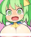  1girl @_@ areola_slip ascot bar_censor blush breasts censored cleavage commentary_request daiyousei high_side_ponytail hospital_king huge_breasts long_hair looking_at_viewer medium_bangs nose_blush open_mouth pink_background portrait simple_background solo tearing_up touhou wavy_mouth yellow_ascot 