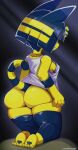  absurd_res animal_crossing ankha_(animal_crossing) anonsouthpaw anthro bottomless breasts butt clothed clothing domestic_cat felid feline felis female frown hair hair_over_eyes hi_res kneeling mammal nintendo rear_view side_boob simple_background solo 