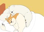  2023 anthro bear bed bedding black_nose blanket brown_body canid canine canis domestic_dog duo furniture haoming hi_res kemono male mammal overweight overweight_male pillow polar_bear slightly_chubby ursine white_body 