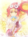  1girl amitie_(puyopuyo) blonde_hair blush flower gloves green_eyes hat holding holding_staff looking_at_viewer lying on_back puyopuyo red_amitie red_headwear short_hair solo staff white_wings wings yoriyomo 
