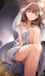  1girl aqua_eyes bare_legs blush breasts brown_hair dress feet_out_of_frame highres idolmaster idolmaster_cinderella_girls koyo_akio light_smile looking_at_viewer medium_breasts sakuma_mayu sleeveless sleeveless_dress solo white_dress 