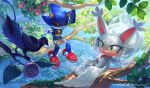  1boy 1girl absurdres artist_name bird branch character_request flower furry furry_female green_eyes highres metal_sonic miitara outdoors red_flower signature sitting sonic_(series) tree watermark 