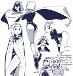  1boy 2girls ass ass_focus beast_boy_(dc) cape cloak commentary crossed_arms dc_comics demon_girl english_commentary english_text facial_mark forehead_mark highres hood hooded_cloak legs meme multiple_girls plow_(witch_parfait) pointy_ears raven_(dc) sketch sneed&#039;s_feed_and_seed_(meme) starfire teen_titans white_background 