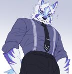  anthro blue_eyes canid canine canis clothing demonzwdw domestic_dog dress_shirt facial_markings fur head_markings hi_res lifewonders live_a_hero looking_at_viewer low-angle_view male mammal markings necktie sadayoshi shirt solo suspenders topwear white_body white_fur 
