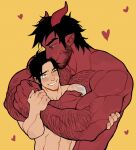 2boys abs arm_hair beard black_hair blush chest_hair colored_skin demon demon_horns dominique_(the_devil_and_s-13) ear_piercing facial_hair hand_on_another&#039;s_arm heart horns hug looking_at_another male_focus multiple_boys muscular muscular_male piercing red_skin short_hair sideburns simple_background smile steen_(the_devil_and_s-13) suyohara teeth the_devil_and_s-13 upper_body yaoi yellow_background yellow_eyes 