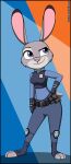  2023 anthro breasts clothed clothing copyright_symbol digital_media_(artwork) disney english_text female fur grey_body grey_fur judy_hopps lagomorph leporid mammal multicolored_body multicolored_fur police_badge police_uniform purple_eyes rabbit solo symbol text two_tone_body two_tone_fur uniform verona7881 zootopia 