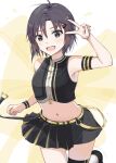  1girl :d antenna_hair armband armpits artist_name bare_shoulders belt black_armband black_eyes black_hair black_skirt black_thighhighs black_vest blush breasts clenched_hand commentary crop_top cropped_vest foot_up groin idolmaster idolmaster_(classic) kikuchi_makoto looking_at_viewer medium_breasts midriff mogskg multicolored_vest navel open_mouth short_hair signature skirt sleeveless smile solo thighhighs twitter_username two-tone_skirt v vest white_background white_vest yellow_armband yellow_background yellow_belt yellow_skirt yellow_vest zipper 