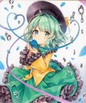  1girl black_headwear closed_mouth commentary frilled_skirt frills green_eyes green_hair hat hat_ribbon heart heart_of_string koishi_day komeiji_koishi long_sleeves looking_at_viewer mimi_(mimi_puru) ribbon short_hair skirt solo third_eye touhou traditional_media yellow_ribbon 