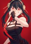  1girl bare_shoulders black_dress black_hair blood blood_on_weapon blush breasts dagger dress earrings flower hairband highres hm89509321 jewelry knife large_breasts long_hair looking_at_viewer open_mouth red_eyes solo spy_x_family stiletto_(weapon) weapon yor_briar 