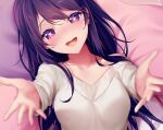  1girl :d bed_sheet blurry blush breasts chromatic_aberration collarbone commentary depth_of_field eyelashes foreshortening full-face_blush hair_between_eyes head_tilt hoshino_ai_(oshi_no_ko) large_breasts long_hair long_sleeves looking_at_viewer lying on_back open_mouth oshi_no_ko outstretched_arms pov purple_eyes purple_hair reaching_towards_viewer rimuu round_teeth sidelocks smile solo sweater symbol-only_commentary teeth upper_teeth_only very_long_hair white_sweater 
