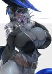  1girl absurdres belt black_dragon_(konoshige_(ryuun)) black_hair black_jacket black_sclera blue_eyes blue_hair blush breasts cleavage colored_sclera colored_skin colored_tongue cowboy_shot dragon_girl dragon_horns dragon_tail forked_tongue grey_background grey_skin hair_intakes highres horns huge_breasts jacket konoshige_(ryuun) long_sleeves long_tongue looking_at_viewer maebari monster_girl multicolored_hair navel open_mouth oral_invitation original partially_unzipped pointy_ears purple_tongue saliva saliva_drip saliva_on_breasts sharp_teeth short_hair_with_long_locks simple_background solo standing sweat tail teeth tongue tongue_out translation_request two-tone_hair upper_teeth_only white_background 
