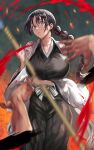  1girl bangs black_hair black_kimono blank_censor bleach bleach:_the_thousand-year_blood_war blood blood_on_face blood_splatter braid braided_ponytail breasts censored daraz glasses grey_eyes haori highres holding holding_polearm holding_weapon japanese_clothes katori_batsuunsai kimono large_breasts long_hair looking_at_viewer polearm round_eyewear severed_arm severed_limb shinigami solo_focus taichou_haori weapon wide_sleeves zanpakutou 