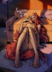  absurd_res anthro bedroom breasts canid canine cigarette elenmory female fox genitals hair heart_nipples hi_res hybrid long_hair mammal nipples nude paws pussy red_hair smoke smoking solo succubus sunrise 