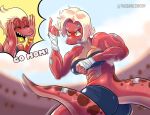  abs amphibia_(series) amphibian anthro bandage black_clothing blonde_hair breasts cheering clothed clothing disney duo english_text female fighting_pose general_yunan hair hi_res muscular muscular_anthro muscular_female newt odelia_(thedarkzircon) orange_eyes pink_body pink_skin pose red_body red_skin salamander_(amphibian) short_hair tail text thedarkzircon tongue yellow_tongue 