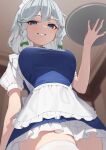  1girl apron blue_dress blue_eyes bow breasts commentary_request dress from_below green_bow grey_hair hair_bow highres holding holding_tray izayoi_sakuya kanpa_(campagne_9) large_breasts maid maid_apron seductive_smile short_dress smile solo thighhighs thighs touhou tray white_apron white_hair white_thighhighs zettai_ryouiki 