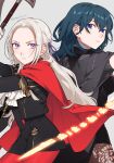  2girls axe back-to-back black_jacket black_shorts blue_eyes blue_hair byleth_(female)_(fire_emblem) byleth_(fire_emblem) commentary cowboy_shot edelgard_von_hresvelg fire_emblem fire_emblem:_three_houses garreg_mach_monastery_uniform grey_background hair_ribbon highres holding holding_axe holding_weapon jacket juliet_sleeves long_hair long_sleeves looking_at_viewer multiple_girls pantyhose peach11_01 puffy_sleeves purple_eyes purple_ribbon red_pantyhose ribbon shorts sidelocks simple_background standing sword_of_the_creator v-shaped_eyebrows very_long_hair weapon white_hair 