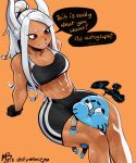  1girl 2022 abs absurdres animal_ears asphyxiation bare_shoulders between_thighs bike_shorts black_gloves black_shorts black_sports_bra boku_no_hero_academia carrot_hair_ornament cat_boy collarbone dark-skinned_female dark_skin english_text eymbee fingerless_gloves food-themed_hair_ornament gloves gumball_watterson hair_ornament head_between_thighs highres long_hair looking_at_another midriff mirko muscular muscular_female navel orange_background parted_bangs ponytail rabbit_ears rabbit_girl rabbit_tail raised_eyebrow red_eyes scissorhold shorts signature sitting speech_bubble sports_bra squeezing stomach sweat tail the_amazing_world_of_gumball thick_thighs thighs twitter_username white_hair 