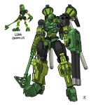  absurdres apoloniodraws arm_cannon axe bionicle character_name copyright_name full_body glowing glowing_eye green_eyes highres kanohi_(bionicle) lewa_(bionicle) mecha mechanization no_humans reference_inset robot science_fiction simple_background standing the_lego_group weapon white_background 