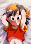  1girl bandana black_eyes black_gloves black_hair commentary_request dragon_ball dragon_ball_gt fingerless_gloves gloves looking_at_viewer lying on_back orange_bandana orange_headwear pan_(dragon_ball) red_shirt rom_(20) shirt short_sleeves solo upper_body 