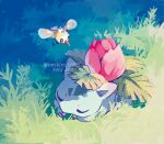  absurdres claws closed_eyes commentary cutiefly day grass highres ivysaur lying nashiro_o77o no_humans on_stomach outdoors pokemon pokemon_(creature) shadow sleeping symbol-only_commentary 