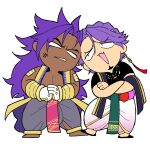  2boys anger_vein armlet bhima_(fate) blank_eyes brothers dark-skinned_male dark_skin deformed duryodhana_(fate) eggscake fang fate/grand_order fate_(series) fighting fist_in_hand forehead-to-forehead full_body heads_together highres long_hair male_focus multiple_boys purple_hair purple_vest short_hair siblings skin_fang smug teasing vest 