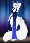  accessory anthro blue_clothing breasts claws clothing collar disney dress duchess_(aristocats) felid feline female fur hi_res long_tail mammal purrynx seductive solo standing tail the_aristocats white_body white_breasts white_fur 