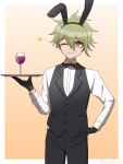  1boy ;) amami_rantaro animal_ears black_gloves black_pants black_vest brown_background butler cowboy_shot cup danganronpa_(series) danganronpa_v3:_killing_harmony drinking_glass ear_piercing fake_animal_ears gloves gradient_background green_eyes green_hair hand_up highres holding holding_tray long_sleeves one_eye_closed pants piercing rabbit_ears shirt short_hair smile solo suiren_yurei tray vest white_shirt wine_glass 