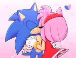  1boy 1girl amy_rose animal_ears artist_name back bare_shoulders blue_fur blush bracelet breasts closed_eyes dress english_commentary eyelashes furry furry_female furry_male gloves gold_bracelet gradient_background green_eyes hairband half-closed_eyes hand_up hands_up heart heart_background hedgehog hedgehog_ears hedgehog_girl hedgehog_tail hetero holding holding_hands jewelry ketlike kiss looking_at_another medium_breasts pink_background pink_fur red_dress red_hairband sleeveless sleeveless_dress sonic_(series) sonic_the_hedgehog standing tail white_gloves 