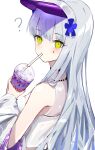  1girl ? bare_shoulders black_choker blue_hair blush choker commentary cross_hair_ornament cup drinking_straw drinking_straw_in_mouth english_commentary girls&#039;_frontline green_eyes grimace_shake_(meme) hair_ornament highres hk416_(girls&#039;_frontline) holding holding_cup jewelry long_hair looking_at_viewer looking_back meme mixed-language_commentary necklace shade shirt sidelocks simple_background sleeveless sleeveless_shirt solo spoken_question_mark teardrop_facial_mark upper_body visor_cap white_background white_shirt wolf9 