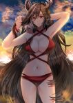  1girl alternate_costume animal_ears antlers arknights arms_up beach bikini blue_sealad breasts brown_hair cleavage cloud cloudy_sky cowboy_shot criss-cross_halter deer_antlers deer_ears deer_girl dusk halterneck highres large_breasts long_hair looking_at_viewer multicolored_hair navel qiubai_(arknights) red_bikini red_eyes red_wristband sky solo standing swimsuit white_hair 