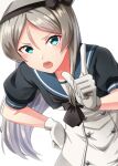  1girl blue_eyes blue_sailor_collar blush dress gloves grey_hair hat highres javelin_(kancolle) kamelie kantai_collection long_hair looking_at_viewer open_mouth sailor_collar sailor_dress sailor_hat short_sleeves simple_background solo white_background white_dress white_gloves white_headwear 