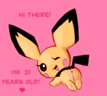  anus english_text female feral generation_2_pokemon genitals labbit1337 nintendo one_eye_closed open_mouth open_smile pichu pink_background pokemon pokemon_(species) pussy simple_background smile solo text wink young 