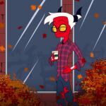  anthro autumn beverage bottomwear clothed clothing coffee coffee_cup container cup demon denim denim_clothing digital_media_(artwork) falling_leaves fan_character hair helluva_boss hi_res humanoid imp jeans male pants pattern_clothing pattern_topwear plaid plaid_clothing plaid_topwear prismanoodle_(artist) red_body solo terry_(disambiguation) topwear torn_bottomwear torn_clothing torn_jeans torn_pants white_hair yellow_eyes yellow_sclera 