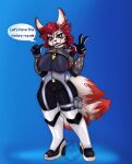  5_tails anthro big_breasts big_ears breasts camel_toe canid canine clothing curvy_body curvy_female curvy_figure female footwear fox hair hi_res high_heels huge_breasts kimiko_(fortnite) mammal mary_morg multi_tail nipple_outline red_hair solo tail thick_thighs tight_suit wide_hips 