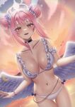  angel_wings bikini blue_archive breasts chisi double_bun feathered_wings hair_bun halo highres large_breasts mika_(blue_archive) pink_hair sunset swimsuit white_bikini white_wings wings 