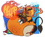  anthro belly big_belly bottle burping burping_fire clothed clothing container emboar female fire food generation_5_pokemon gradient_background hands_on_belly hi_res hot_sauce huge_belly kafrizzzle mammal navel nintendo obese obese_anthro obese_female onomatopoeia orange_body outie_navel overweight overweight_anthro overweight_female pokemon pokemon_(species) simple_background solo sound_effects suid suina sus_(pig) tail text watermark 