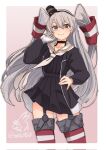  1girl amatsukaze_(kancolle) amatsukaze_kai_ni_(kancolle) artist_logo black_dress brown_eyes cowboy_shot dress garter_straps gloves grey_hair hair_tubes hat highres kantai_collection long_hair mini_hat mochizou pink_background pleated_dress red_thighhighs sailor_collar sailor_dress short_dress single_glove smile smokestack_hair_ornament solo striped striped_thighhighs thighhighs two_side_up white_gloves white_sailor_collar 