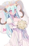  1girl azu_(kirara310) blush bouquet braid breasts bridal_veil bride cleavage commission curled_horns dress fate/grand_order fate_(series) flower gloves hair_between_eyes hair_ornament highres holding holding_bouquet horns jewelry large_breasts larva_tiamat_(fate) long_hair long_horns looking_at_viewer pink_eyes pointy_ears rose skeb_commission smile solo symbol-shaped_pupils tiamat_(fate) veil wedding_dress white_dress white_flower white_gloves white_rose 