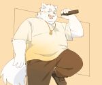  2023 anthro belly bottomwear canid canine canis clothing domestic_dog eyes_closed hi_res inunoshippo kemono male mammal microphone overweight overweight_male pants shirt singing solo topwear 
