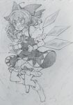  1girl absurdres ahoge bloomers bow carbohydrate_(asta4282) cirno commentary_request detached_wings dress fang full_body greyscale_with_colored_background hair_bow highres ice ice_wings looking_at_viewer monochrome open_mouth short_hair short_sleeves sketch skin_fang socks solo touhou traditional_media underwear wings 