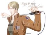  1boy beard_stubble birthday blonde_hair happy_birthday holding holding_behind_neck holding_sword holding_weapon jacket kaiusa1 light_smile looking_at_viewer looking_to_the_side male_focus mature_male mike_zakarius mustache_stubble paradis_military_uniform pectorals shingeki_no_kyojin short_hair sideburns_stubble smile sword upper_body weapon 