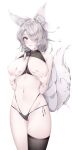  1921494015 1girl absurdres animal_ear_fluff animal_ears bare_arms bare_shoulders black_panties blush bracelet breasts breasts_out commentary cowboy_shot fox_ears fox_tail grabbing_own_breasts grey_hair grey_nails hair_over_one_eye hair_ribbon highres jewelry looking_at_viewer multi-strapped_panties navel nipples original panties parted_lips purple_eyes pussy pussy_peek ribbon side-tie_panties simple_background single_thighhigh skindentation solo tail thighhighs underwear white_background 