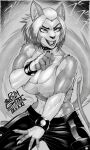  2023 5_fingers absurd_res anthro biceps big_breasts bottomwear breasts cleavage clothed clothing collar fangs felid feline felis female fighting_pose fingers greyscale hi_res inner_ear_fluff japanese_text mammal meme menacing_(meme) midriff monochrome muscular muscular_female nails open_mouth open_smile pants pltnm06ghost pose sharp_nails shirt signature smile solo spiked_collar spikes studded_bracelet tank_top teeth text tezza_alterra_(ionic44) topwear tuft wildcat 