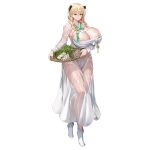  1girl animal_ears areola_slip basket bear_ears bear_girl blonde_hair blue_eyes braid breastless_clothes breasts budget_sarashi cameltoe check_clothing chest_sarashi cleavage closed_mouth collarbone covered_nipples cropped_kimono extra_ears food frigga_(last_origin) fundoshi garlic gigantic_breasts hair_between_eyes highres holding holding_basket huge_breasts japanese_clothes kimono last_origin lips looking_at_viewer mole mole_under_mouth naked_kimono official_alternate_costume official_art pointy_footwear puffy_nipples sarashi see-through_kimono simple_background skindentation smile solo standing tachi-e third-party_source tiptoes transparent_background twin_braids u-rix vegetable wet white_footwear white_kimono 