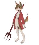  2023 anthro barefoot brown_body brown_fur canid canine cheek_tuft digital_media_(artwork) facial_tuft feet fur green_body green_fur halloween_costume hi_res holding_trident horn looking_at_viewer mammal mangoyena simple_background solo standing tuft white_background white_body white_fur 