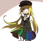  1girl alina_gray black_bow black_headwear black_necktie black_vest blonde_hair blunt_ends blush bow chain collar cross_tie detached_collar fur_cuffs gem green_eyes green_gemstone green_hair hair_between_eyes hat long_hair looking_at_viewer magia_record:_mahou_shoujo_madoka_magica_gaiden magical_girl mahou_shoujo_madoka_magica mo_(bnh8401) multicolored_clothes multicolored_hair multicolored_skirt necktie open_mouth peaked_cap pleated_skirt puffy_short_sleeves puffy_sleeves short_sleeves sidelocks skirt smile solo standing straight_hair streaked_hair striped striped_skirt v-neck vertical-striped_skirt vertical_stripes vest waist_bow white_collar white_sleeves 
